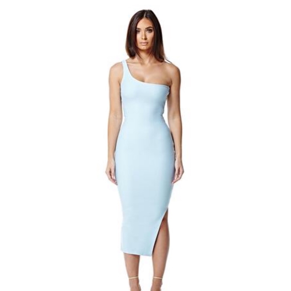SLNGHR Light Blue Asymmetrical Midi Slit Dress